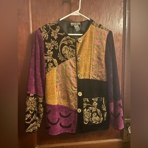 Colorful Patchwork Jacket with Gold Buttons by Indigo Moon.

Excellent condition